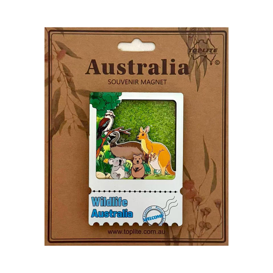 Wildlife Australia Souvenir Fridge Magnet – Glitter Polaroid Design | Kangaroo, Koala, Emu, Quokka & Kookaburra