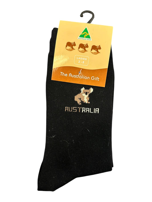 Australian Made Koala Socks – Ladies Size 2-8 | Black Australia Souvenir Socks