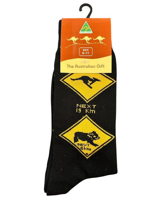 Australian Made Road Sign Socks – Men's Size 6-11 | Black & Yellow Kangaroo & Wombat Warning Sign Socks