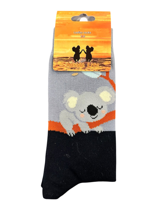 Koala Sunset Socks – Ladies Size 2-8 | Grey, Orange & Black Koala Souvenir Socks