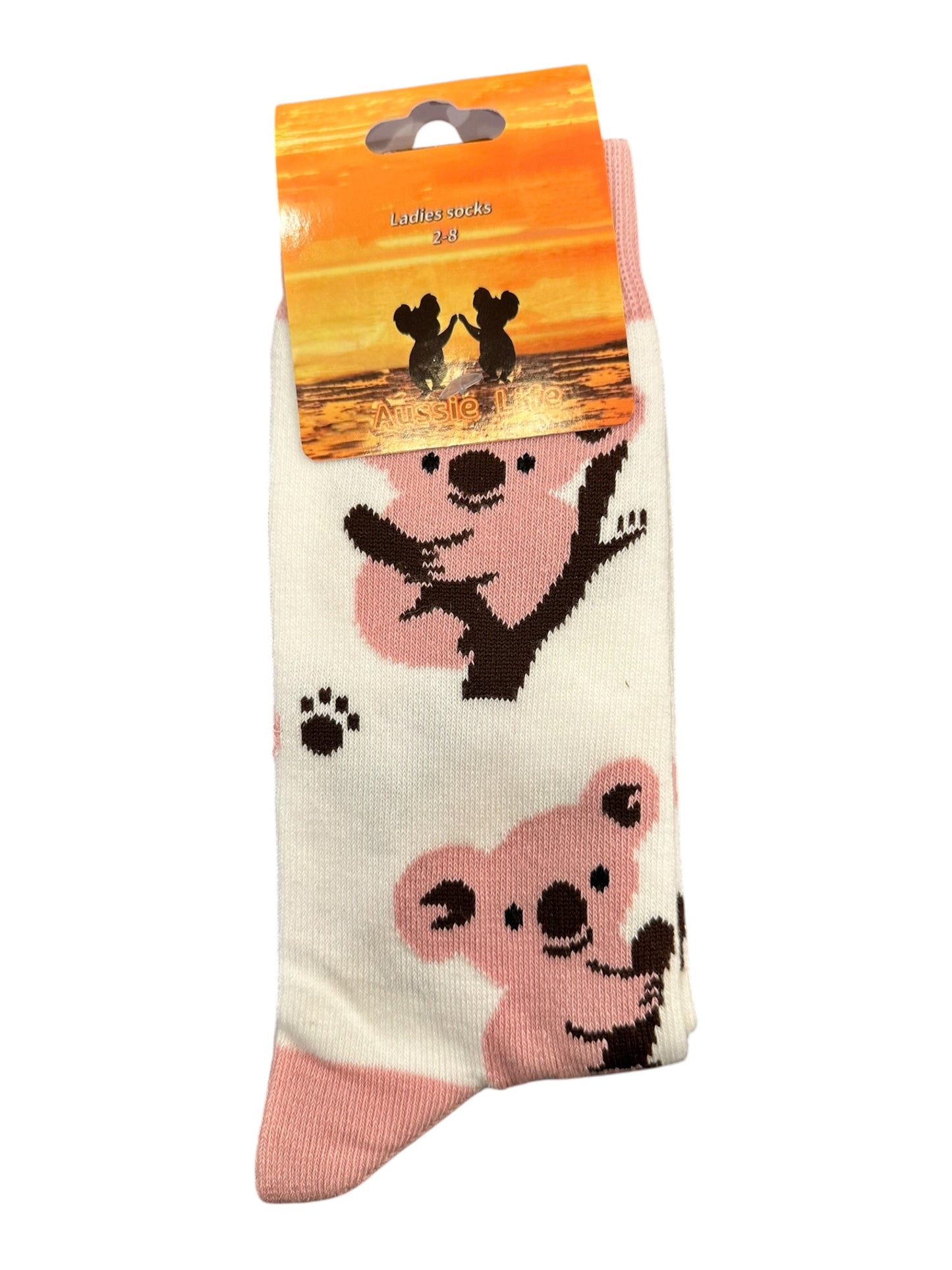 Pink Koala in a Tree Socks – Ladies Size 2-8 | Cream & Pink Koala Souvenir Socks