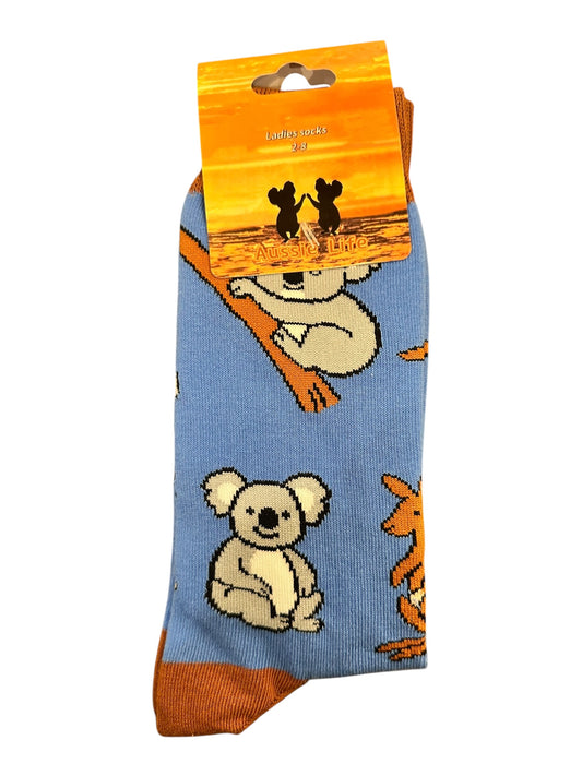 Koala & Kangaroo Socks – Ladies Size 2-8 | Blue & Tan Australian Wildlife Souvenir Socks