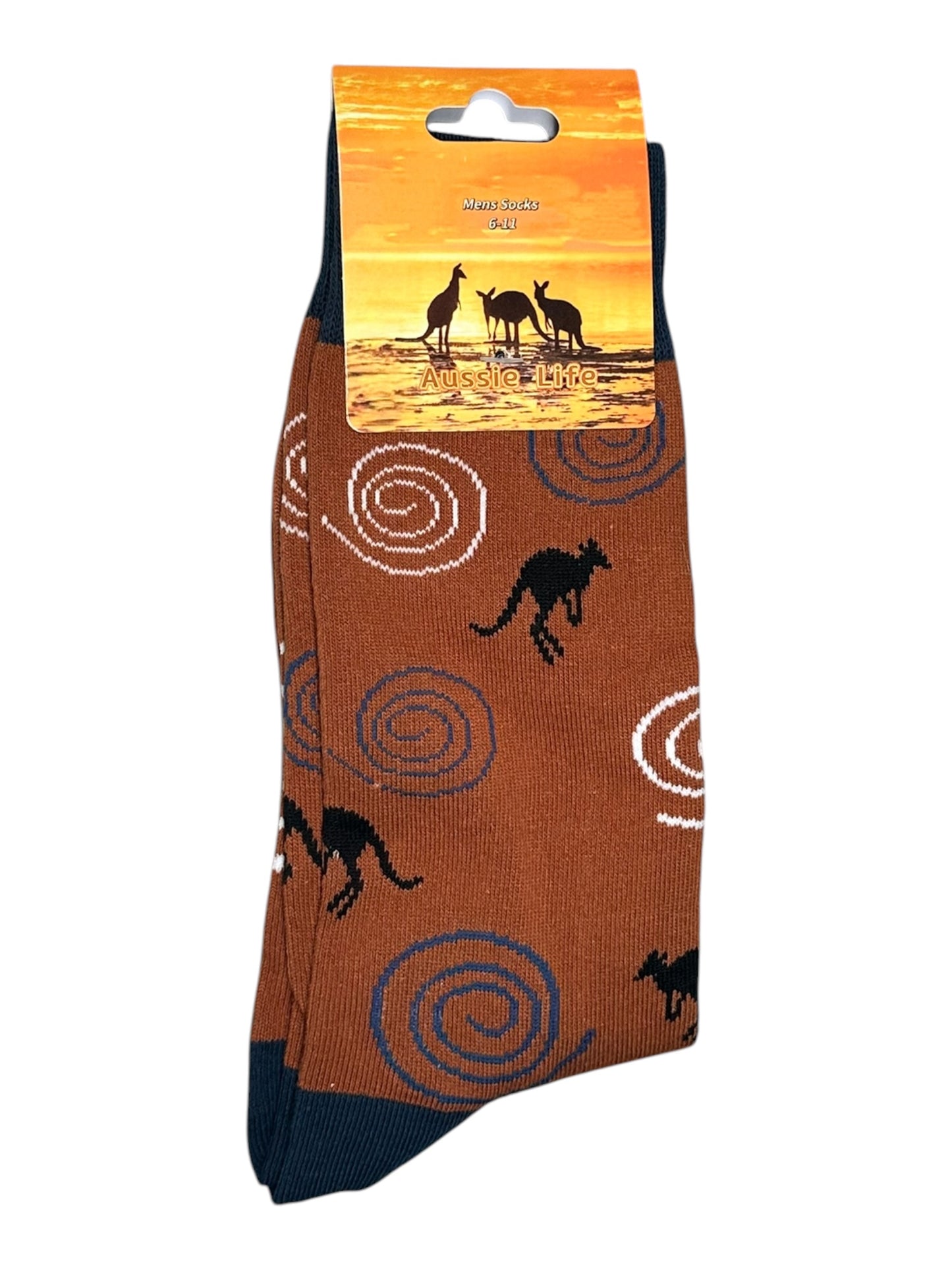 Kangaroo Outback Socks – Men's Size 6-11 | Rust Brown Kangaroo & Spiral Print Souvenir Socks