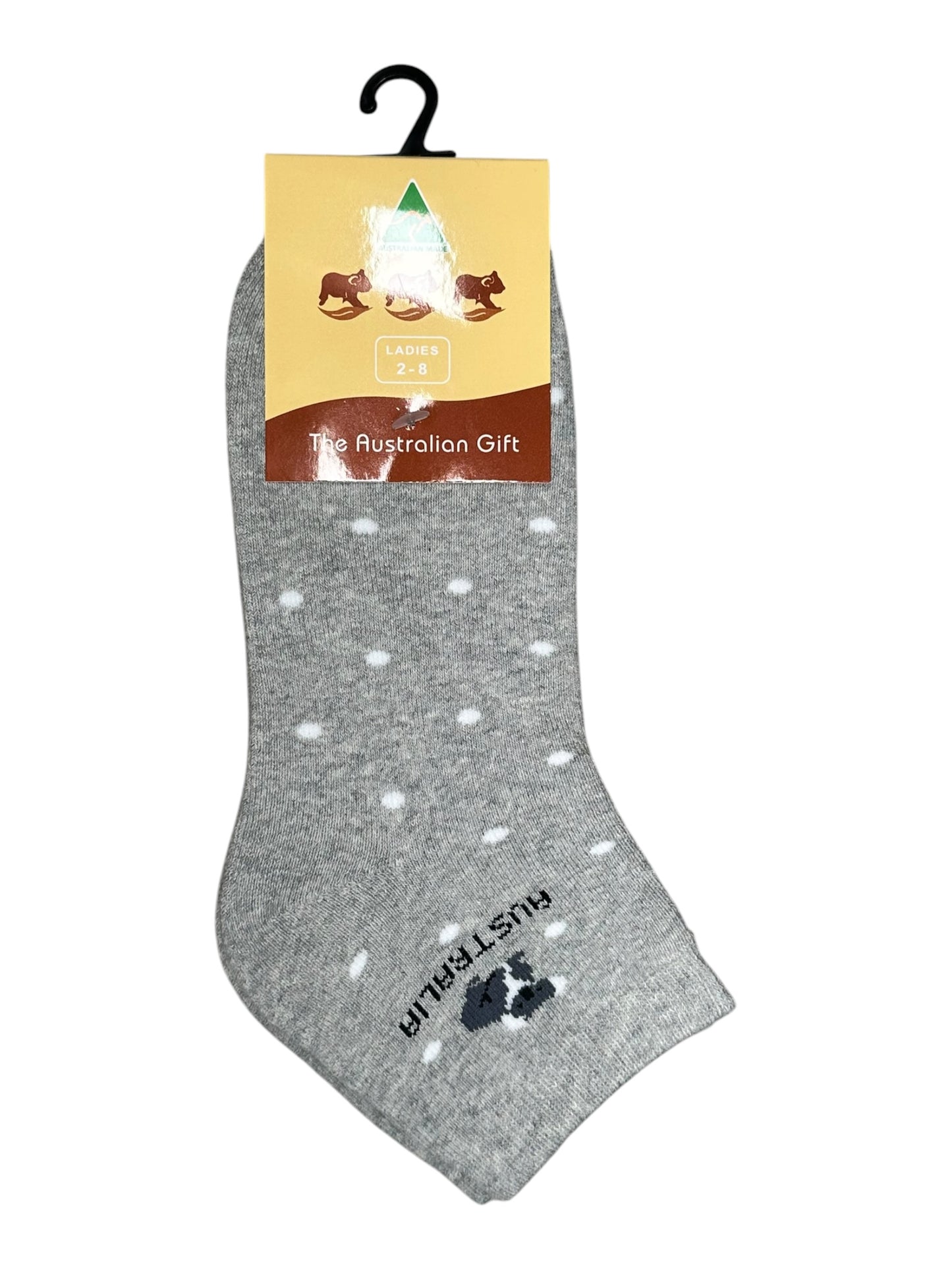 Australian Made Koala Ankle Socks – Ladies Size 2-8 | Grey Polka Dot Low-Cut Souvenir Socks