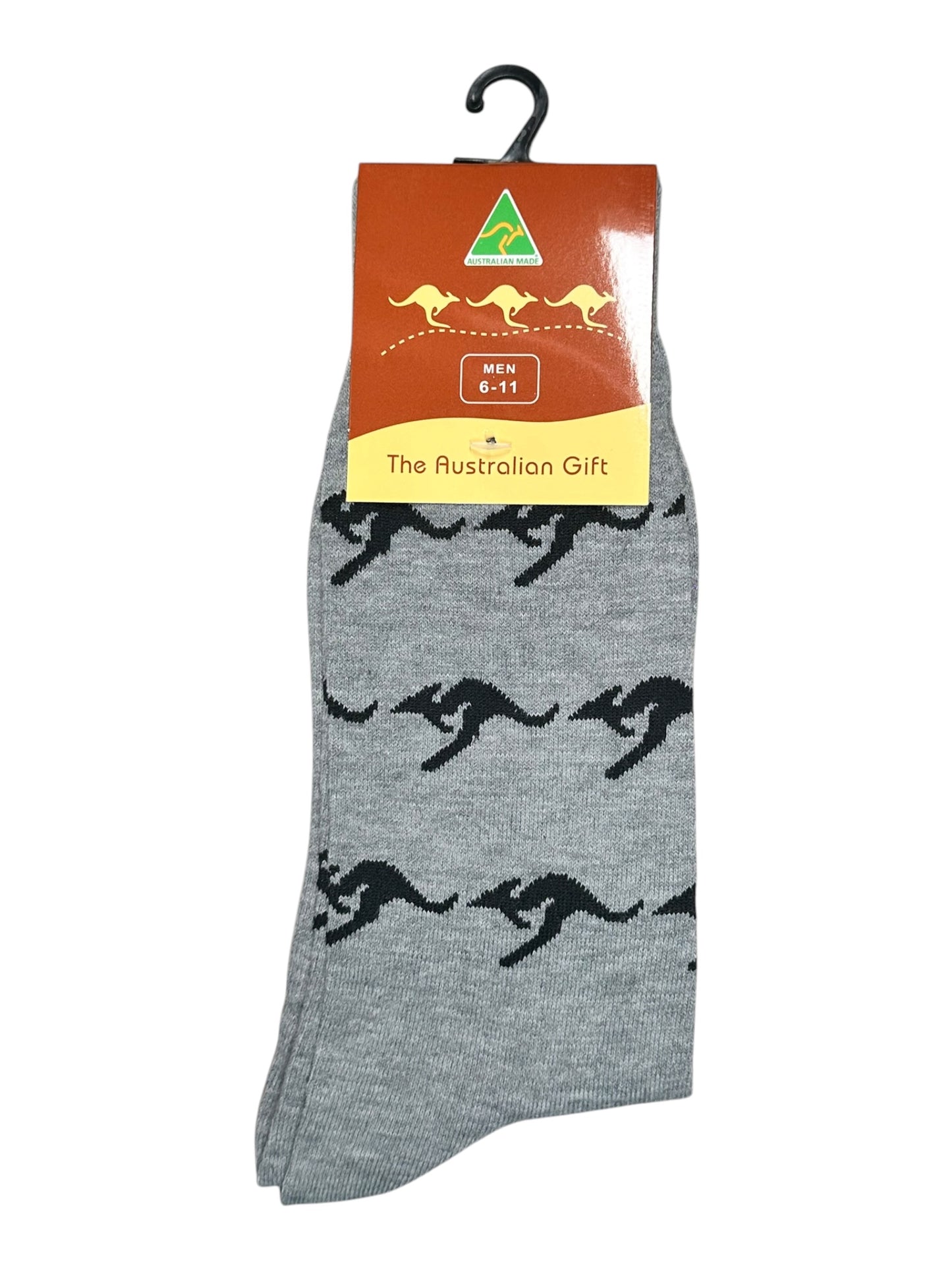 Australian Made Kangaroo Socks – Men's Size 6-11 | Grey & Black All-Over Kangaroo Souvenir Socks