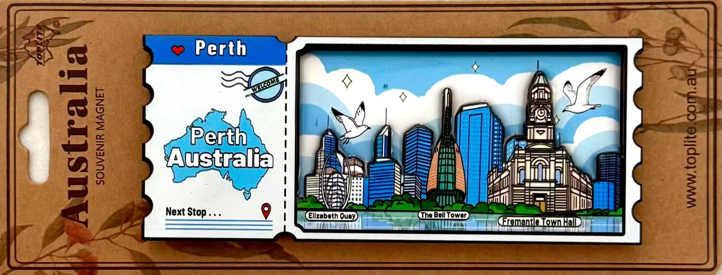 Perth Australia Souvenir Fridge Magnet – Travel Ticket Design | Skyline & Landmarks Magnet