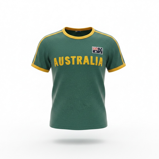 Australia Applique T-Shirt – Green & Gold Retro Ringer Tee | Unisex