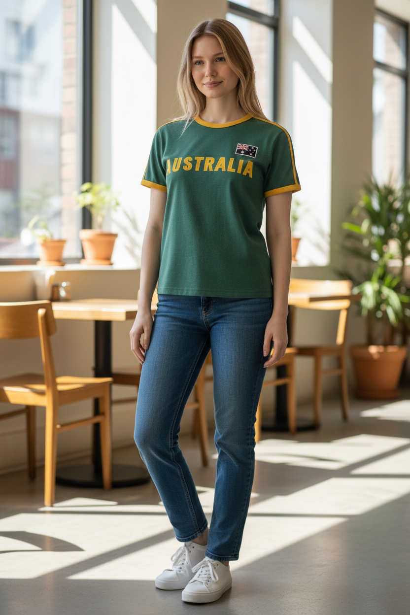 Australia Applique T-Shirt – Green & Gold Retro Ringer Tee | Unisex