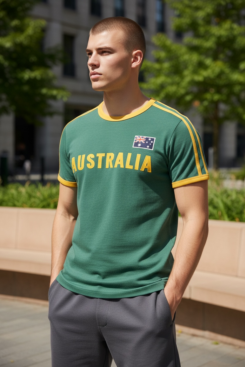 Australia Applique T-Shirt – Green & Gold Retro Ringer Tee | Unisex
