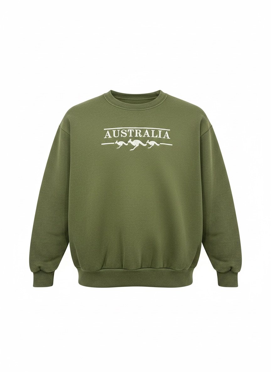 Australia Kangaroo Crewneck Sweatshirt – Olive Green Souvenir Sweater | Unisex Adult Embroidered