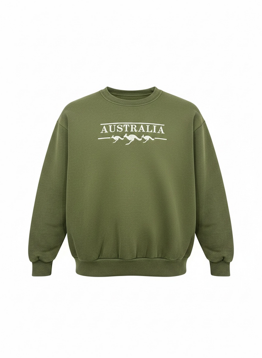 Australia Kangaroo Crewneck Sweatshirt – Olive Green Souvenir Sweater | Unisex Adult Embroidered