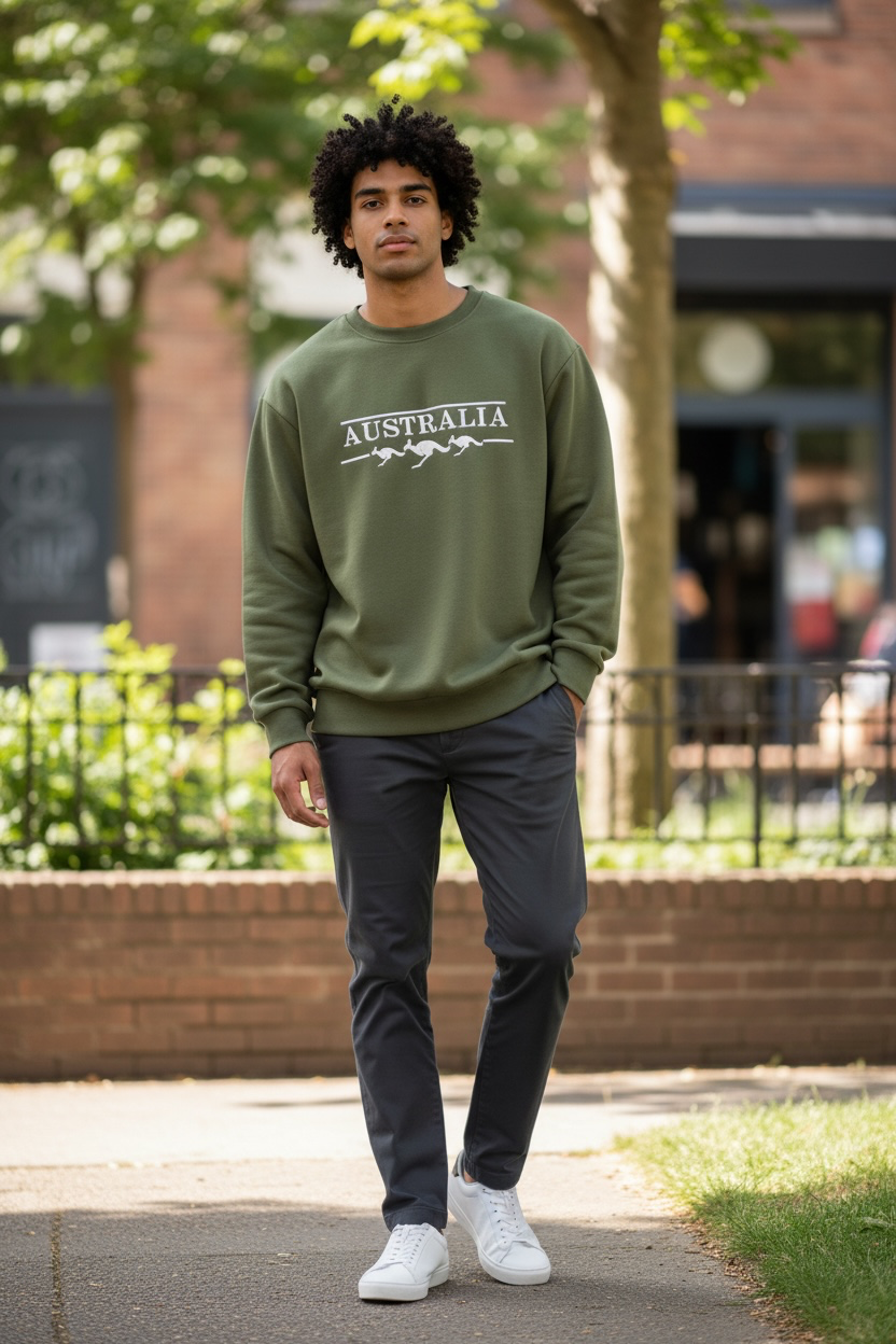 Australia Kangaroo Crewneck Sweatshirt – Olive Green Souvenir Sweater | Unisex Adult Embroidered