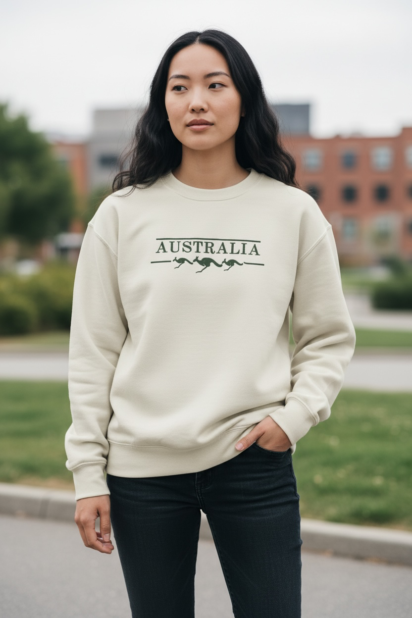 Australia Kangaroo Crewneck Sweatshirt – Sand Souvenir Sweater | Unisex Adult Embroidered