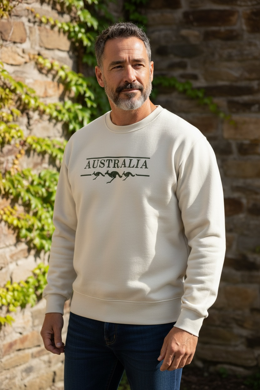 Australia Kangaroo Crewneck Sweatshirt – Sand Souvenir Sweater | Unisex Adult Embroidered