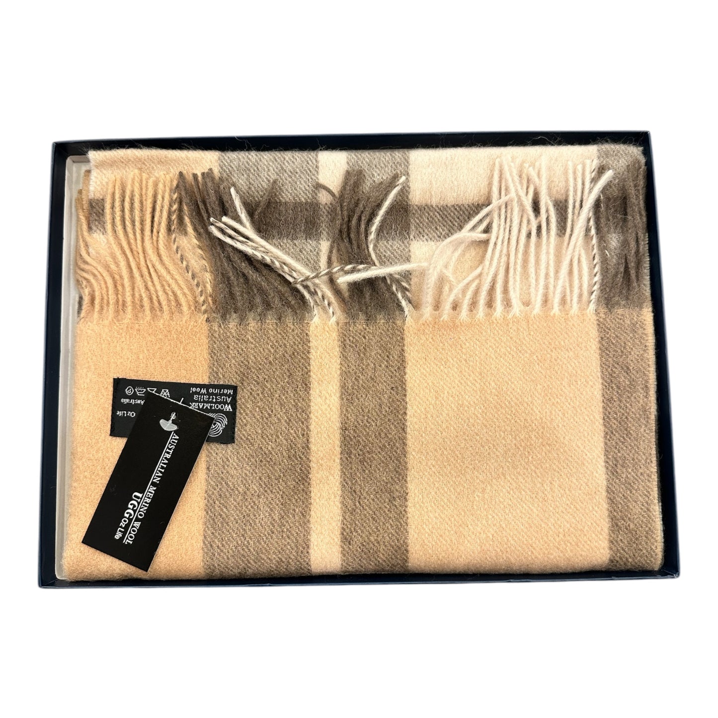 Australian Merino Wool Scarf – Camel & Taupe Classic Check | Fringe Trim Winter Scarf