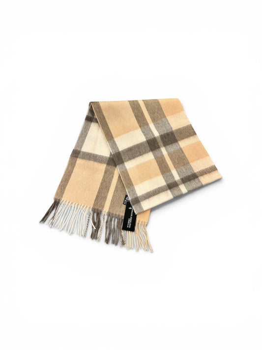 Australian Merino Wool Scarf – Camel & Taupe Classic Check | Fringe Trim Winter Scarf