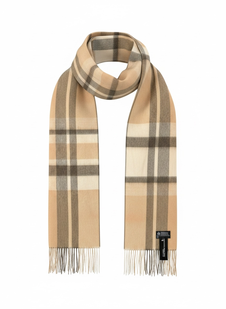 Australian Merino Wool Scarf – Camel & Taupe Classic Check | Fringe Trim Winter Scarf