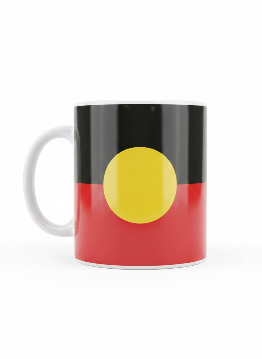 Aboriginal Flag Ceramic Mug – Australian Souvenir Coffee Mug | Black, Red & Yellow Flag Design