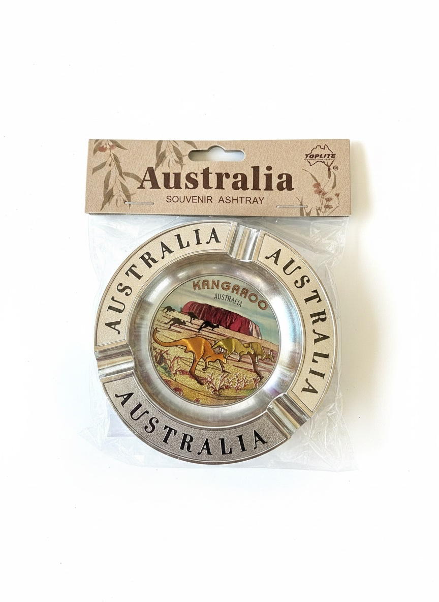 Australia Kangaroo & Uluru Metal Ashtray – Round Souvenir Ashtray | Silver Tone with Illustrated Centre