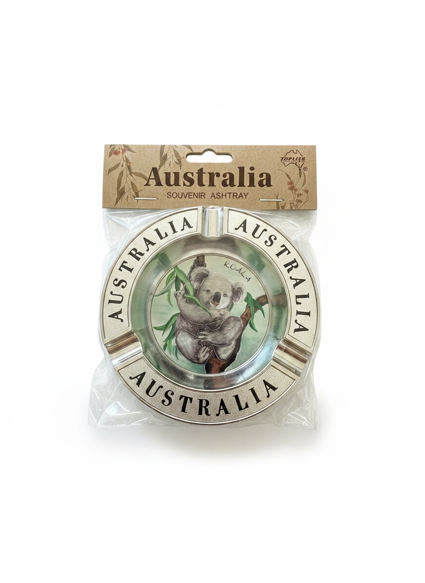 Australia Koala Metal Ashtray – Round Souvenir Ashtray | Silver Tone with Illustrated Koala Centre