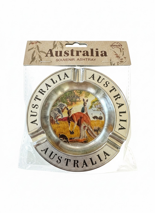 Australia Wildlife Metal Ashtray – Round Souvenir Ashtray | Silver Tone with Multi-Animal Illustrated Centre
