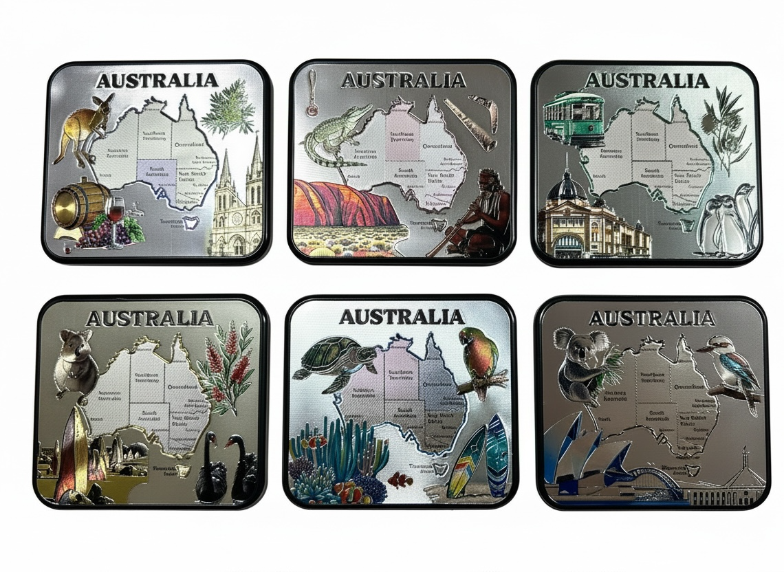 Australia Map Coaster Set – Set of 6 Silver Metallic Landmark & Wildlife Coasters | Australian Souvenir Gift Set