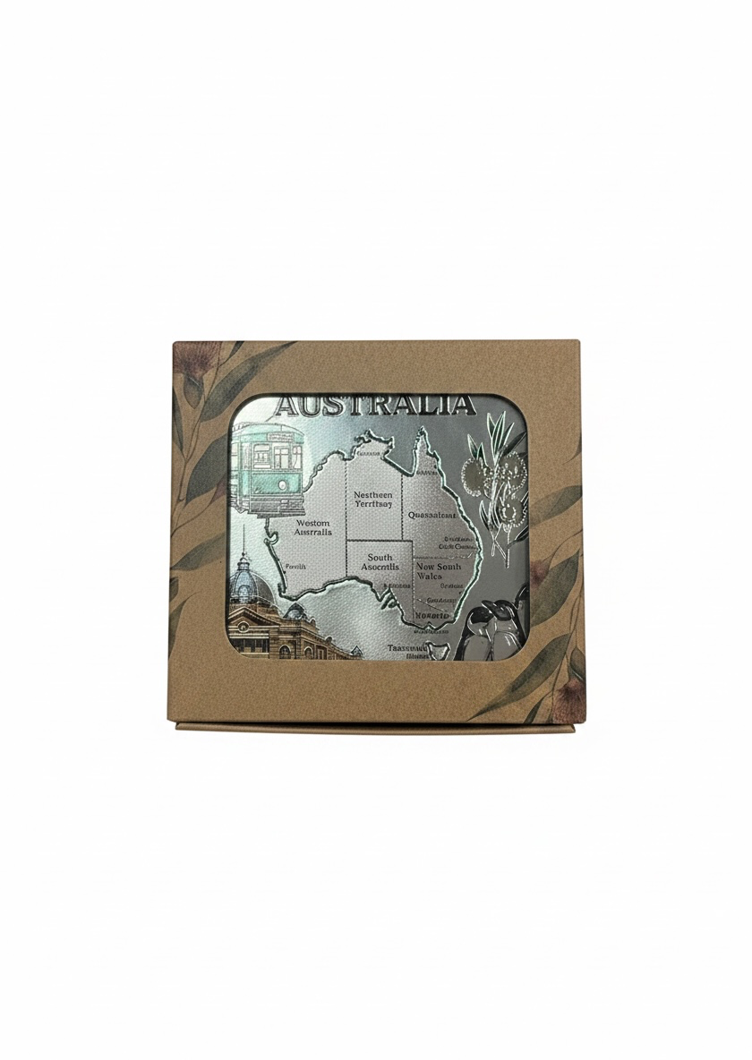 Australia Map Coaster Set – Set of 6 Silver Metallic Landmark & Wildlife Coasters | Australian Souvenir Gift Set