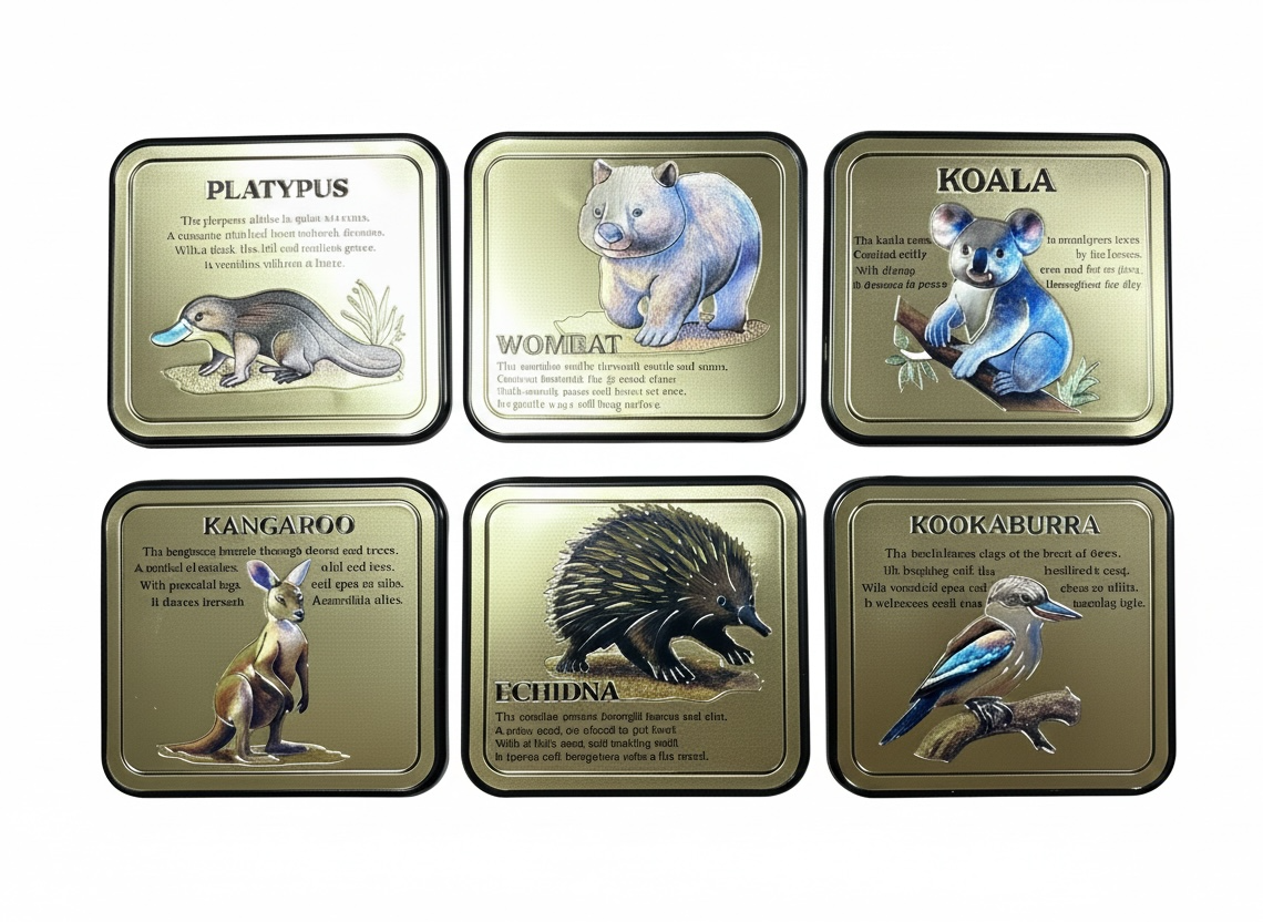 Australian Wildlife Coaster Set – Set of 6 Gold Illustrated Animal Coasters | Platypus, Wombat, Koala, Kangaroo, Echidna & Kookaburra