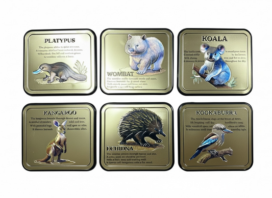 Australian Wildlife Coaster Set – Set of 6 Gold Illustrated Animal Coasters | Platypus, Wombat, Koala, Kangaroo, Echidna & Kookaburra