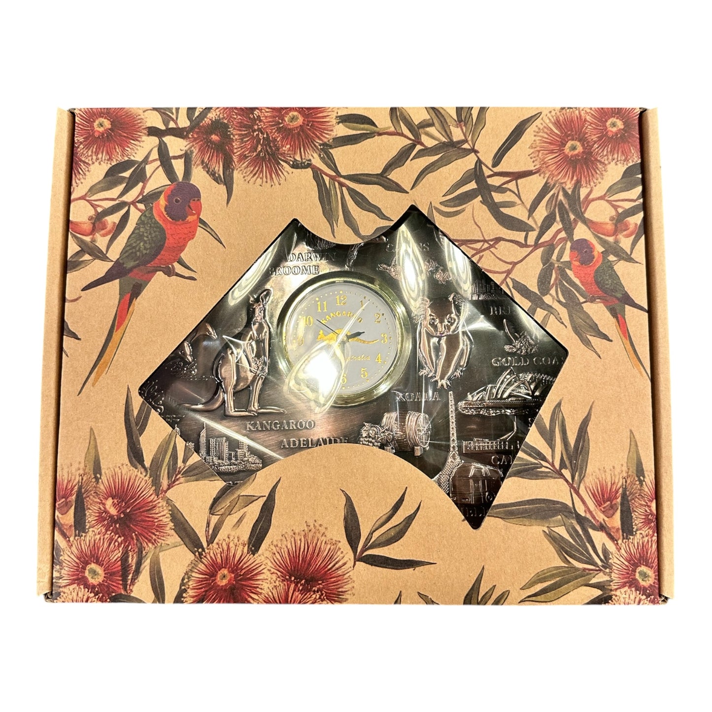 Australia Map Desk Clock (Large) – Antique Silver Landmark & Wildlife Souvenir | 23cm Wooden Base Display Clock