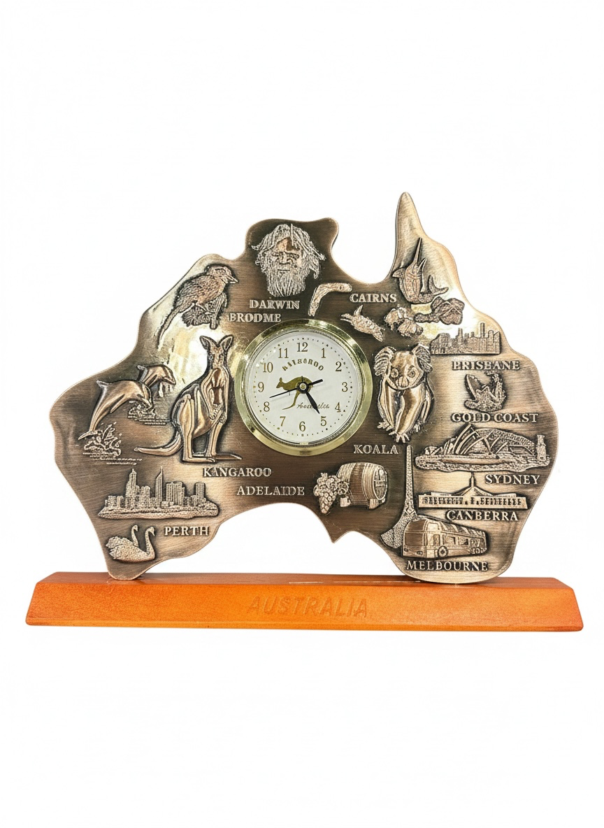 Australia Map Desk Clock (Large) – Antique Silver Landmark & Wildlife Souvenir | 23cm Wooden Base Display Clock