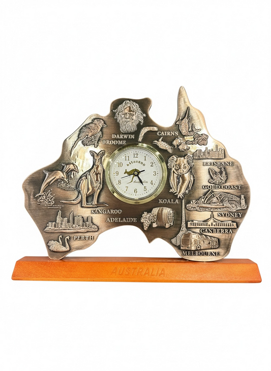 Australia Map Desk Clock (Large) – Antique Silver Landmark & Wildlife Souvenir | 23cm Wooden Base Display Clock