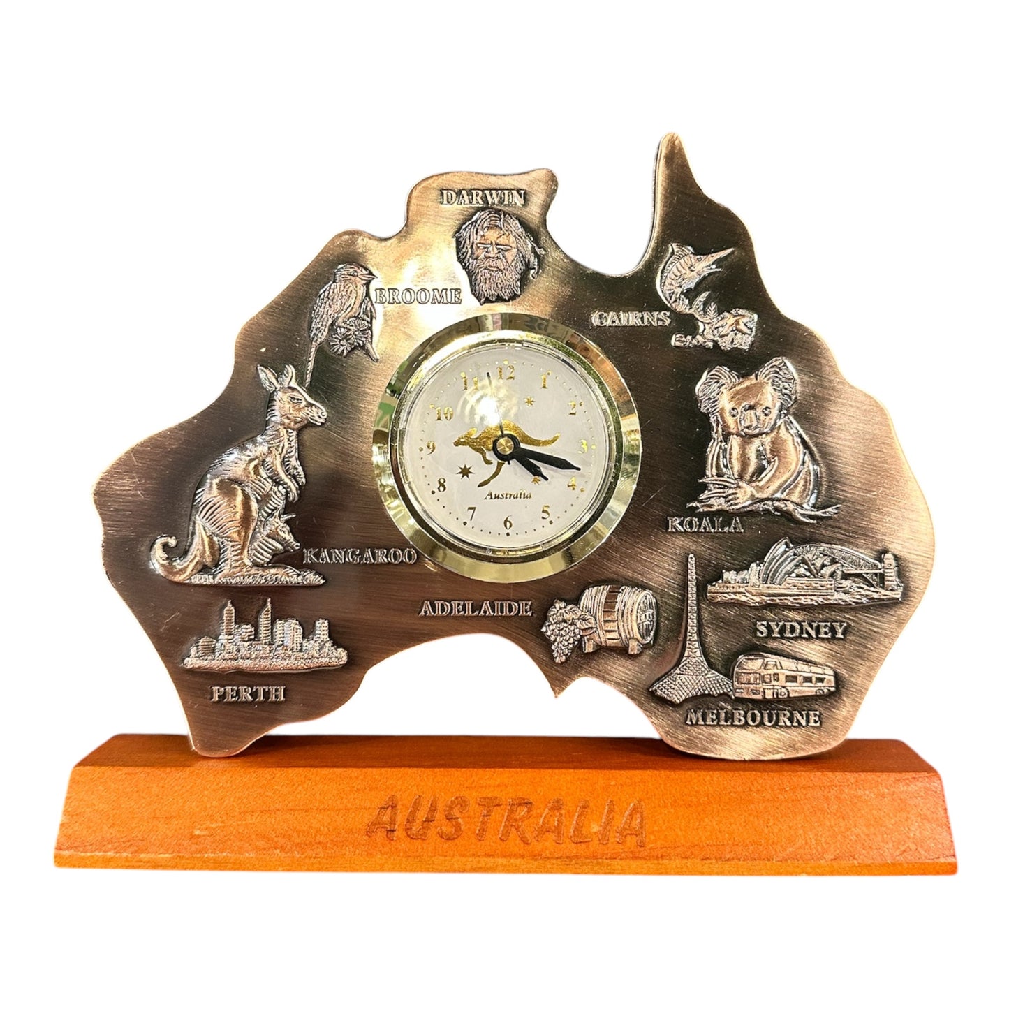 Australia Map Desk Clock (Small) – Antique Silver Landmark & Wildlife Souvenir | 15cm Wooden Base Display Clock