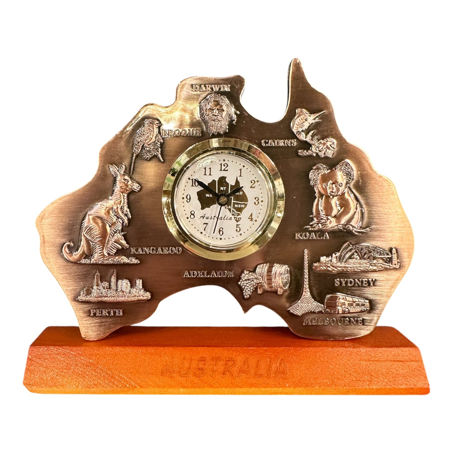 Australia Map Desk Clock (Small) – Antique Silver Landmark & Wildlife Souvenir | Map Face 15cm Wooden Base Display Clock