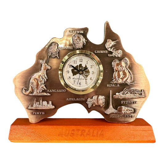 Australia Map Desk Clock (Small) – Antique Silver Landmark & Wildlife Souvenir | Map Face 15cm Wooden Base Display Clock