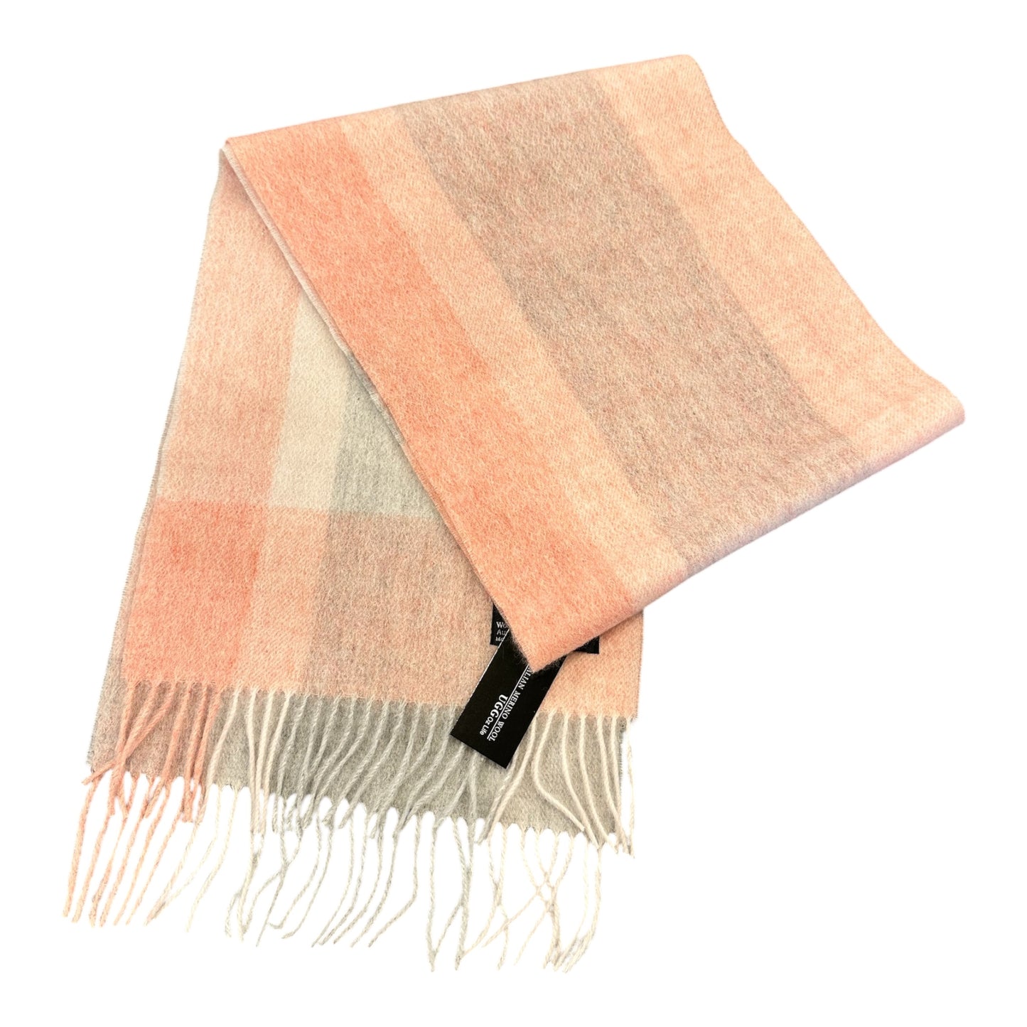 Australian Merino Wool Scarf – Blush Pink & Taupe Check | Fringe Trim Winter Scarf