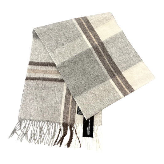 Australian Merino Wool Scarf – Grey & Cream Classic Check | Fringe Trim Winter Scarf, Gift Boxed