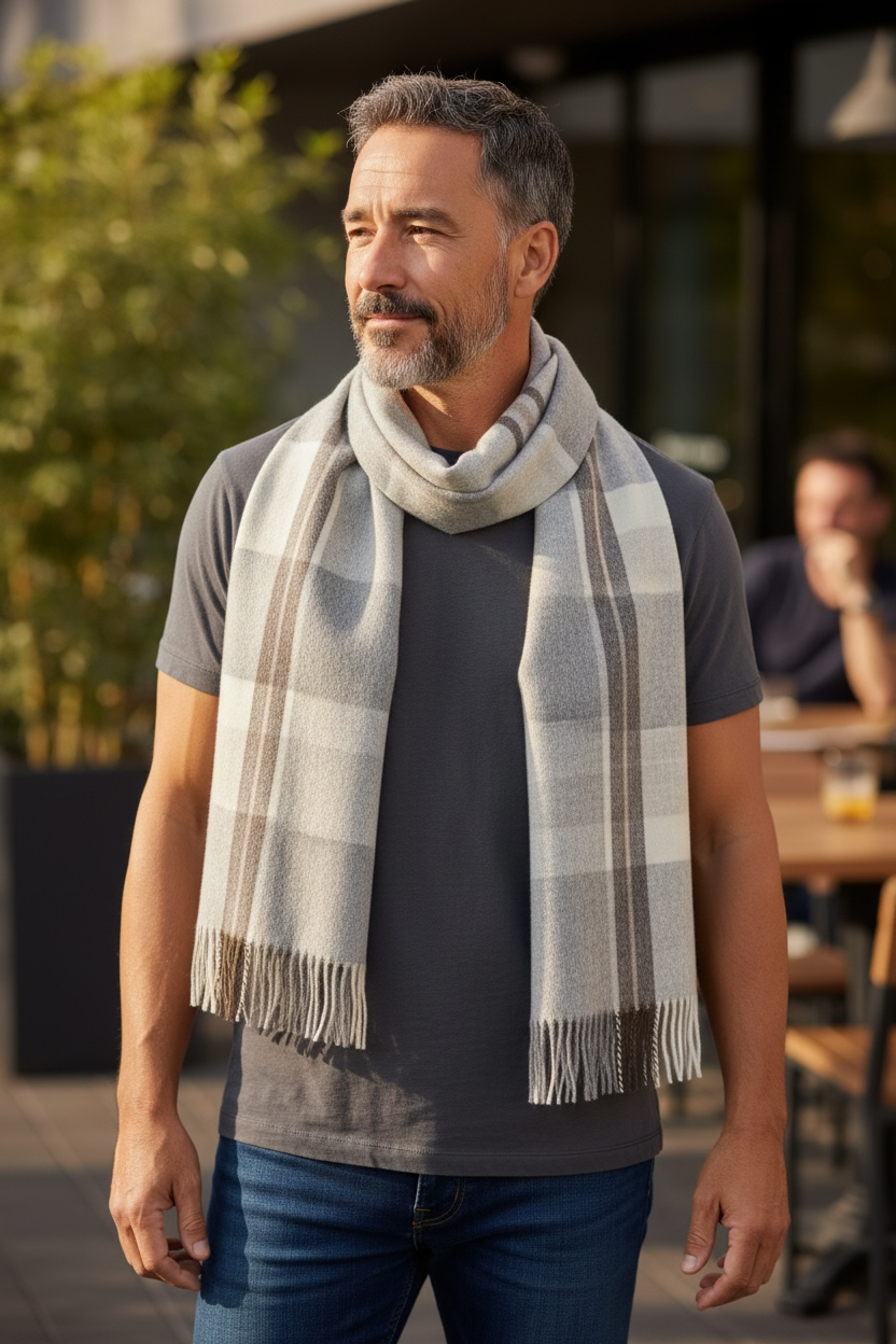 Australian Merino Wool Scarf – Grey & Cream Classic Check | Fringe Trim Winter Scarf, Gift Boxed