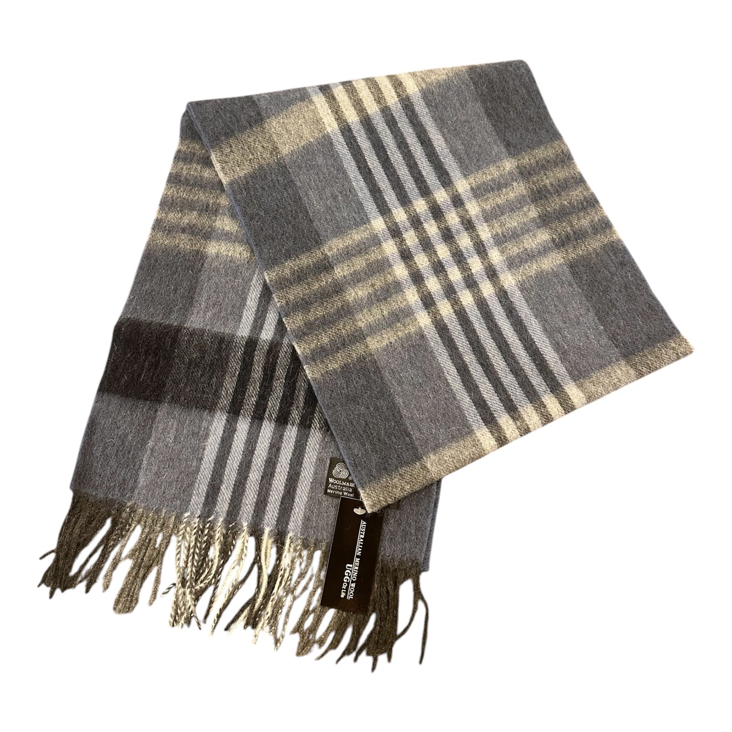 Australian Merino Wool Scarf – Grey & Beige Windowpane Check | Fringe Trim Winter Scarf