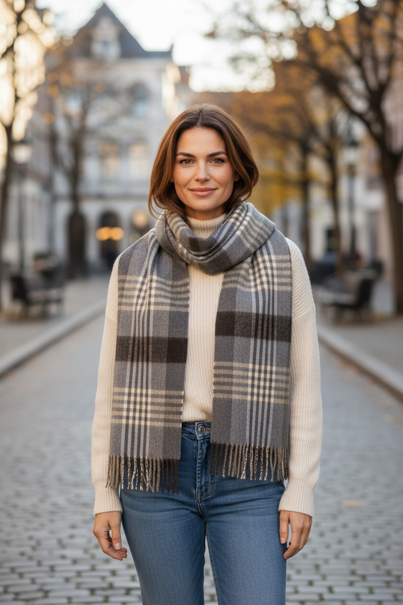 Australian Merino Wool Scarf – Grey & Beige Windowpane Check | Fringe Trim Winter Scarf