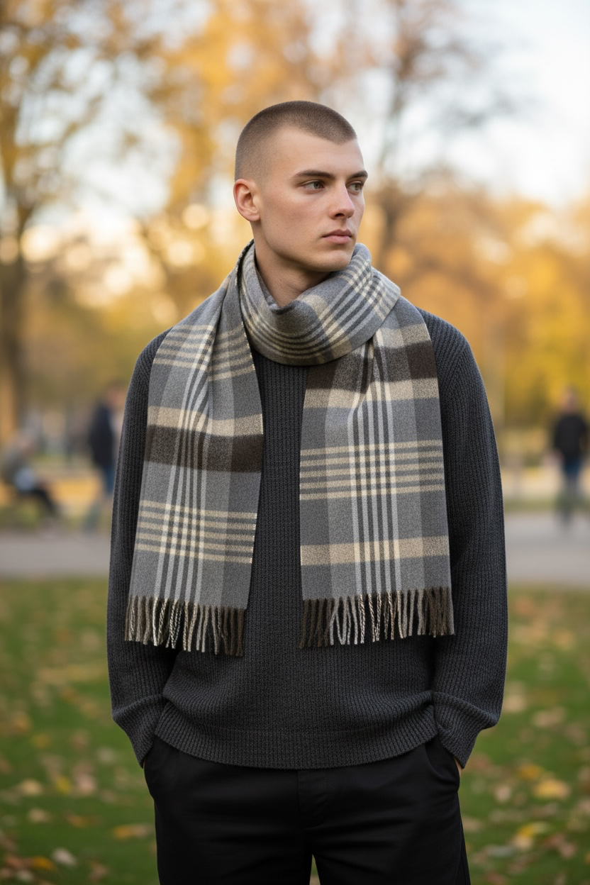 Australian Merino Wool Scarf – Grey & Beige Windowpane Check | Fringe Trim Winter Scarf
