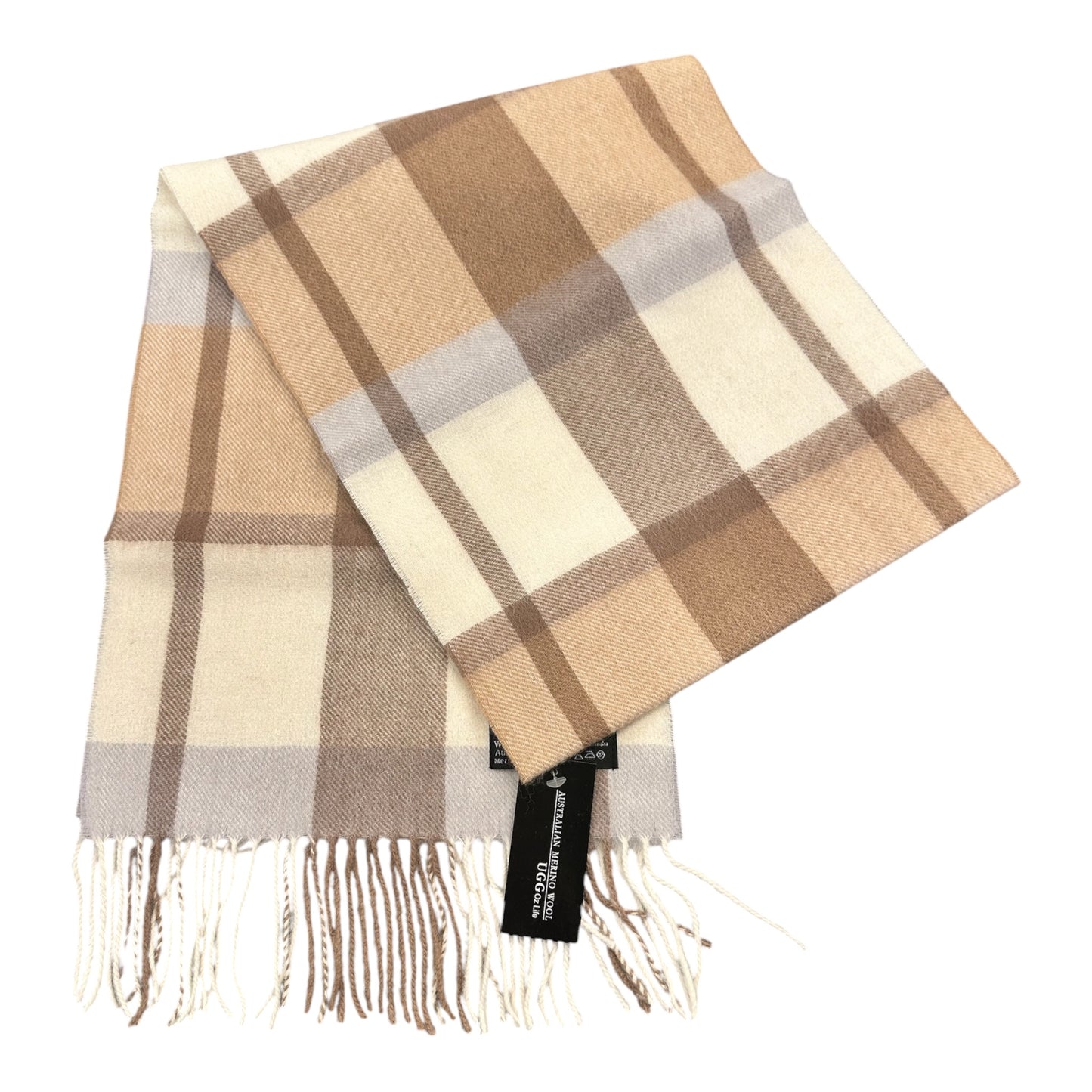 Australian Merino Wool Scarf – Camel & Cream Windowpane Check | Fringe Trim Winter Scarf