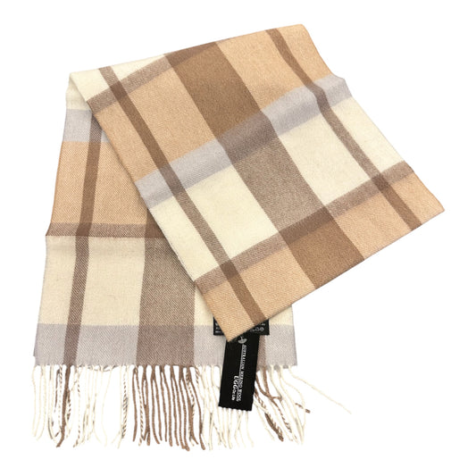 Australian Merino Wool Scarf – Camel & Cream Windowpane Check | Fringe Trim Winter Scarf