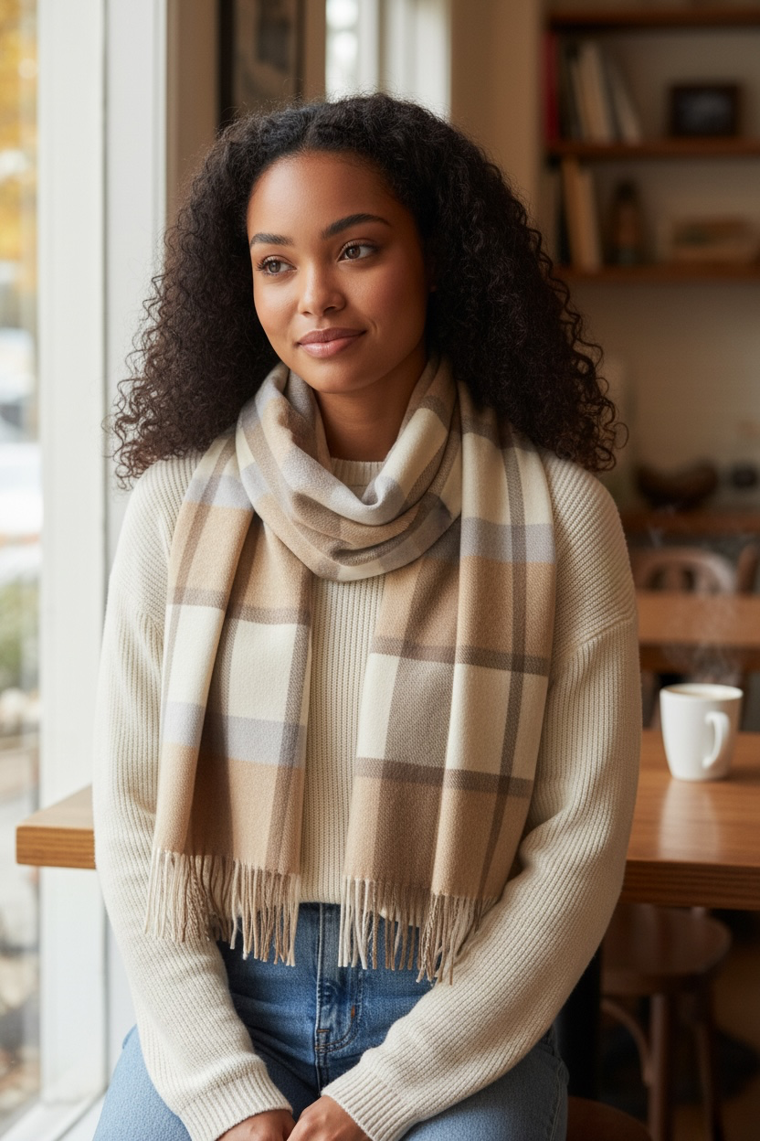 Australian Merino Wool Scarf – Camel & Cream Windowpane Check | Fringe Trim Winter Scarf