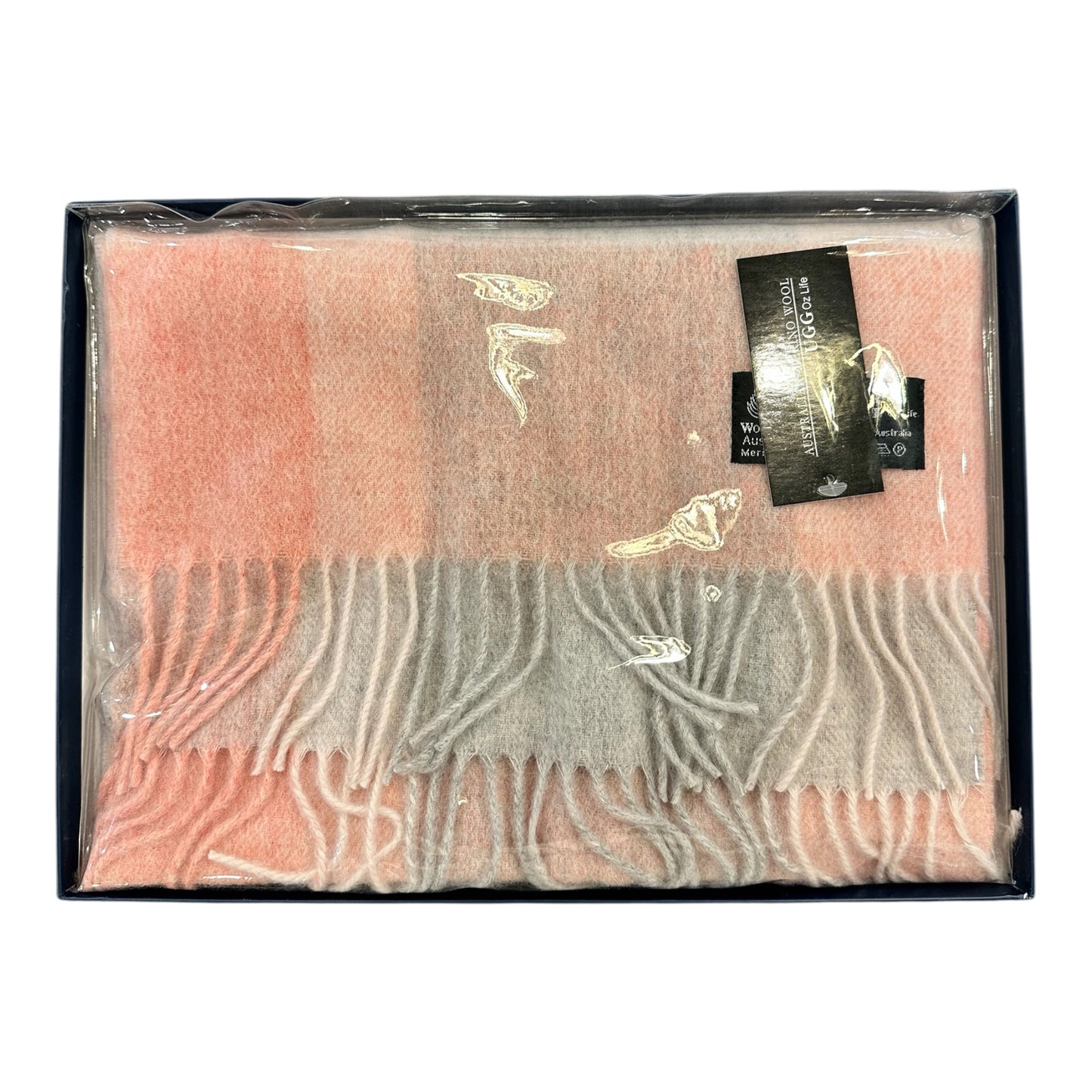 Australian Merino Wool Scarf – Blush Pink & Taupe Check | Fringe Trim Winter Scarf