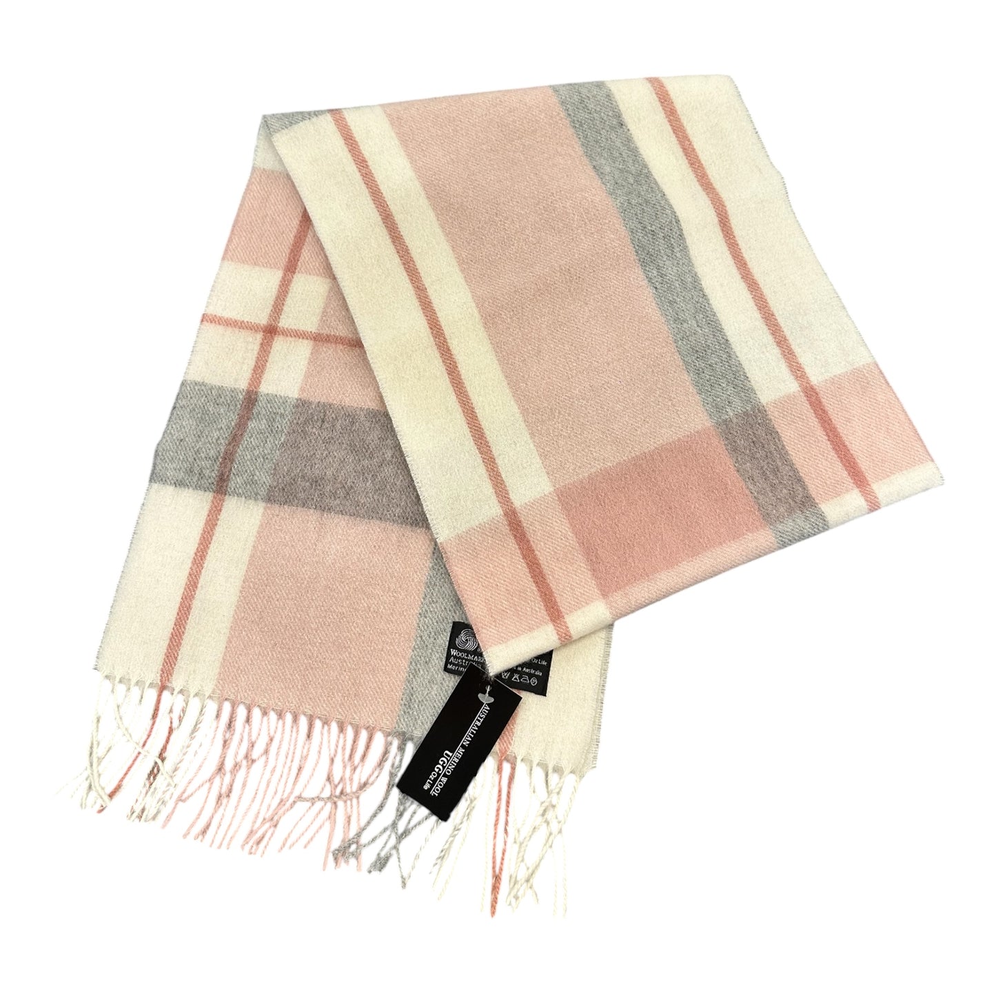 Australian Merino Wool Scarf – Pink & Grey Windowpane Check | Fringe Trim Winter Scarf
