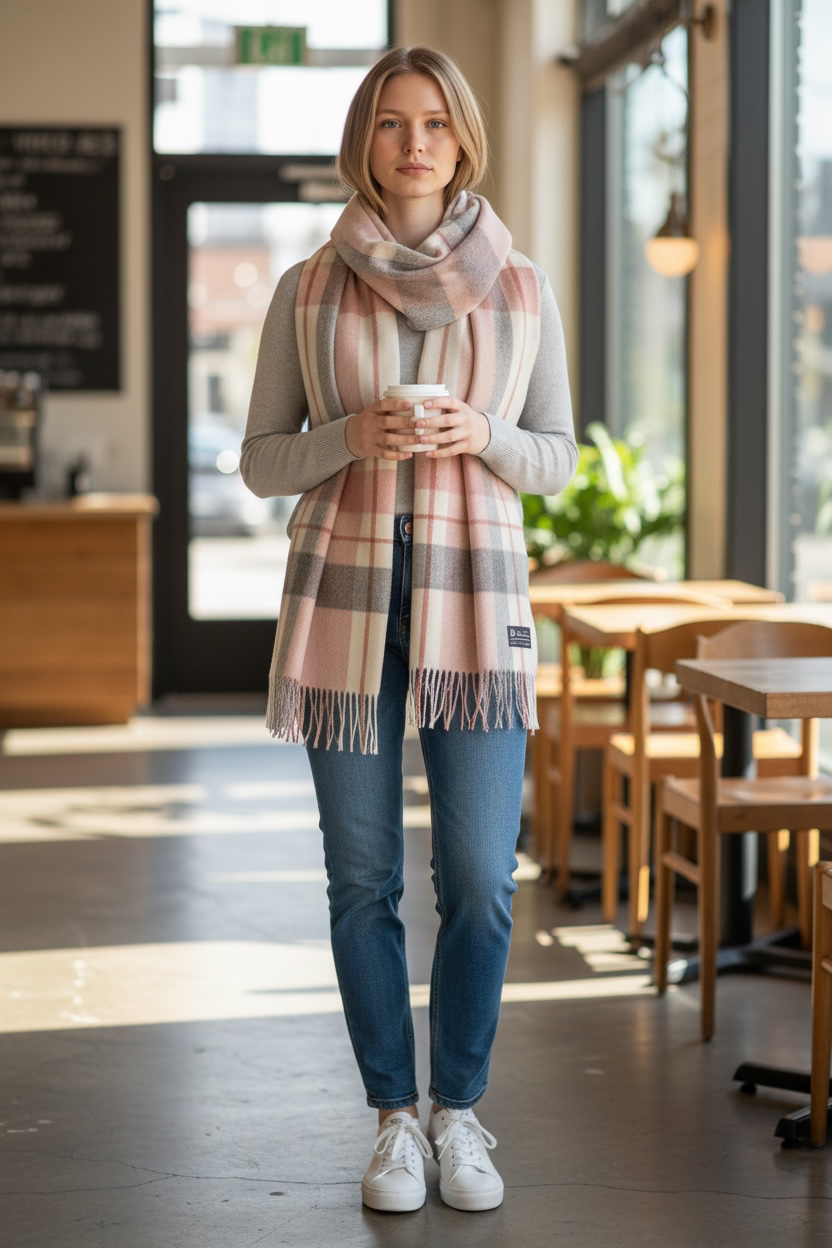 Australian Merino Wool Scarf – Pink & Grey Windowpane Check | Fringe Trim Winter Scarf