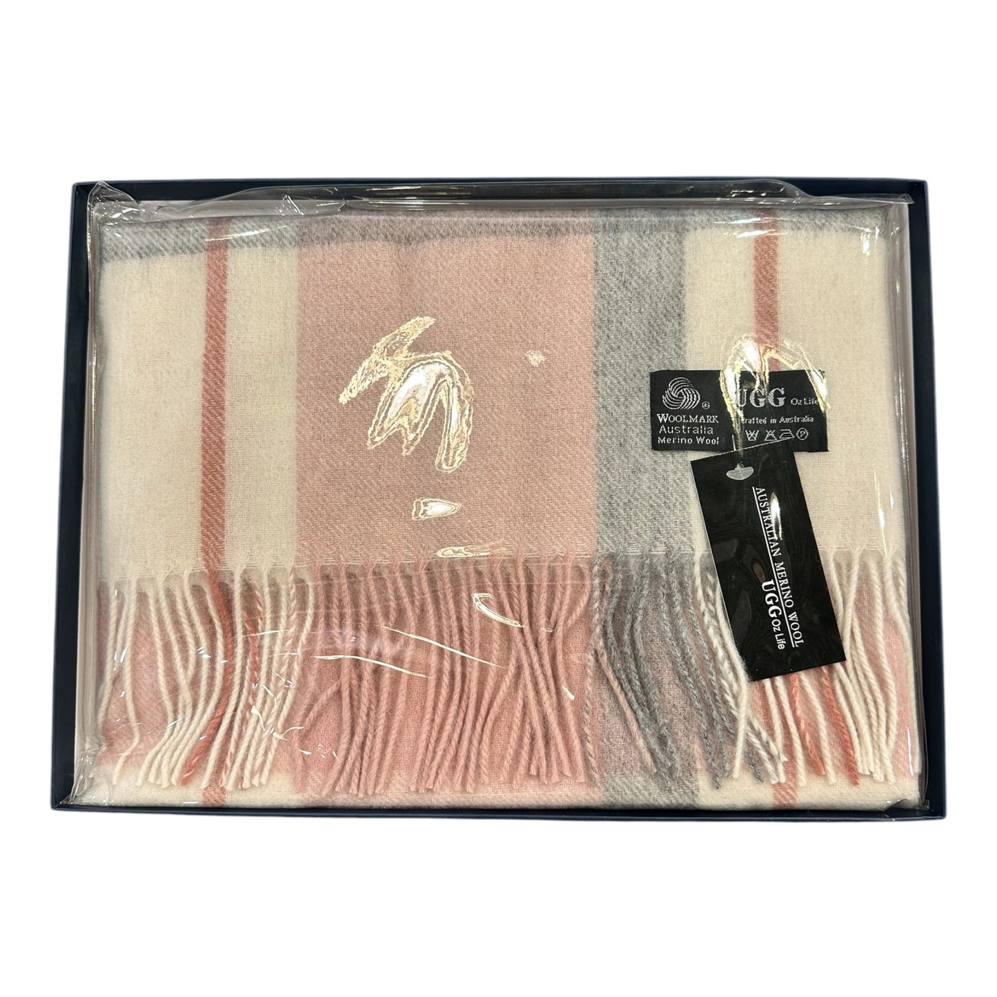 Australian Merino Wool Scarf – Pink & Grey Windowpane Check | Fringe Trim Winter Scarf