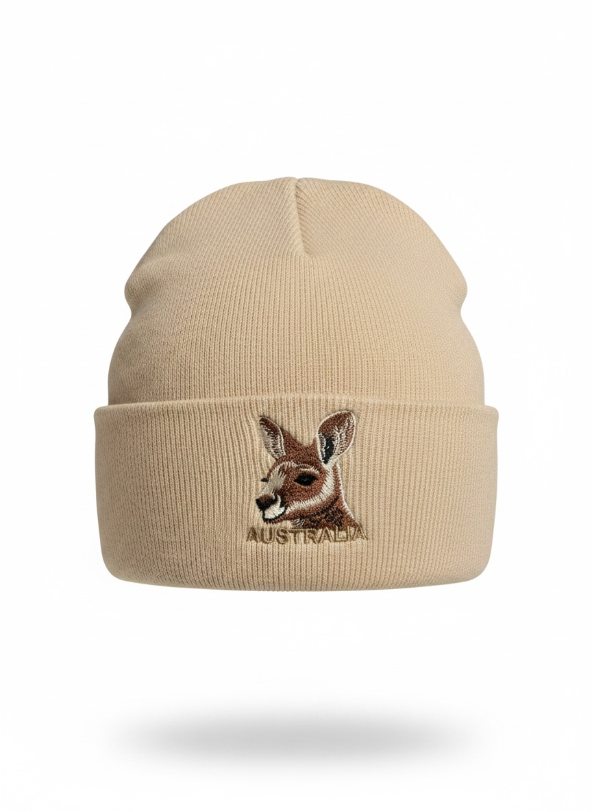 Australia Kangaroo Beanie – Sand Cuffed Knit Souvenir Beanie