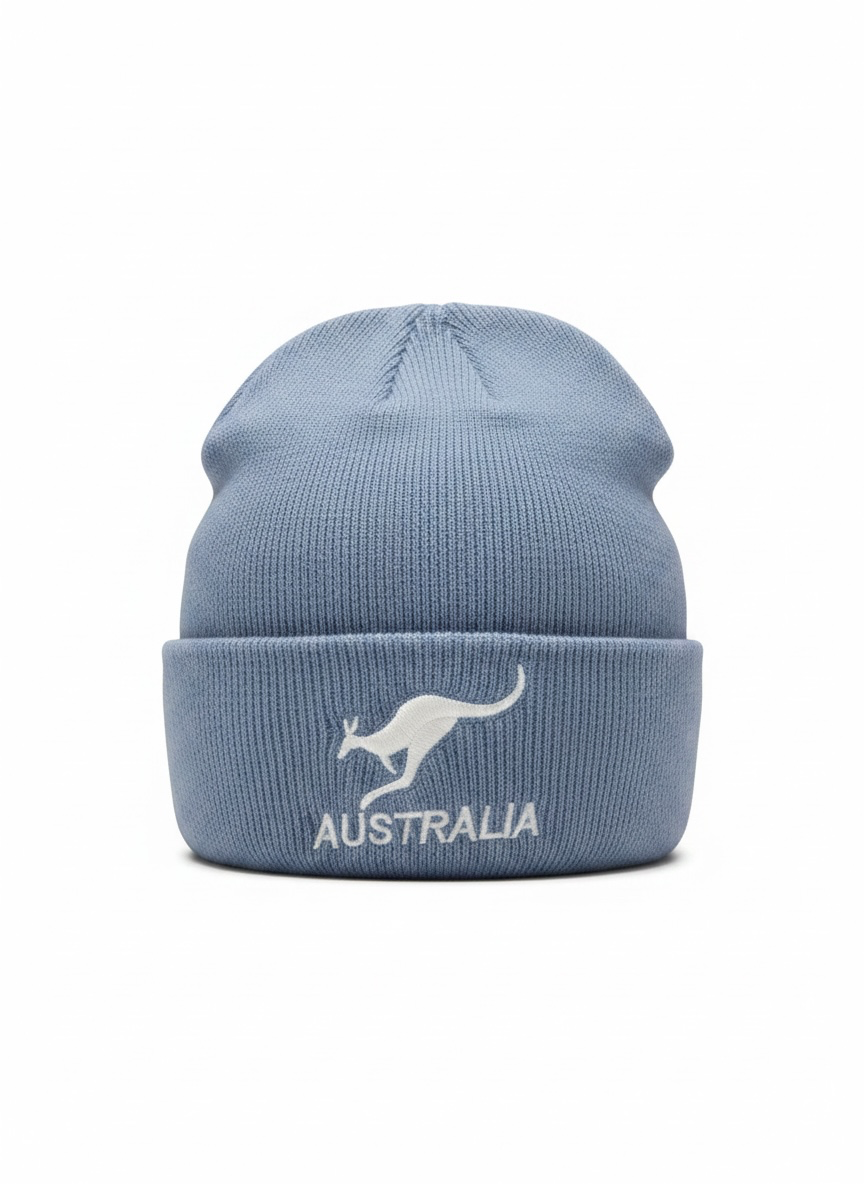 Australia Kangaroo Beanie – Dusty Blue Cuffed Knit Souvenir Beanie